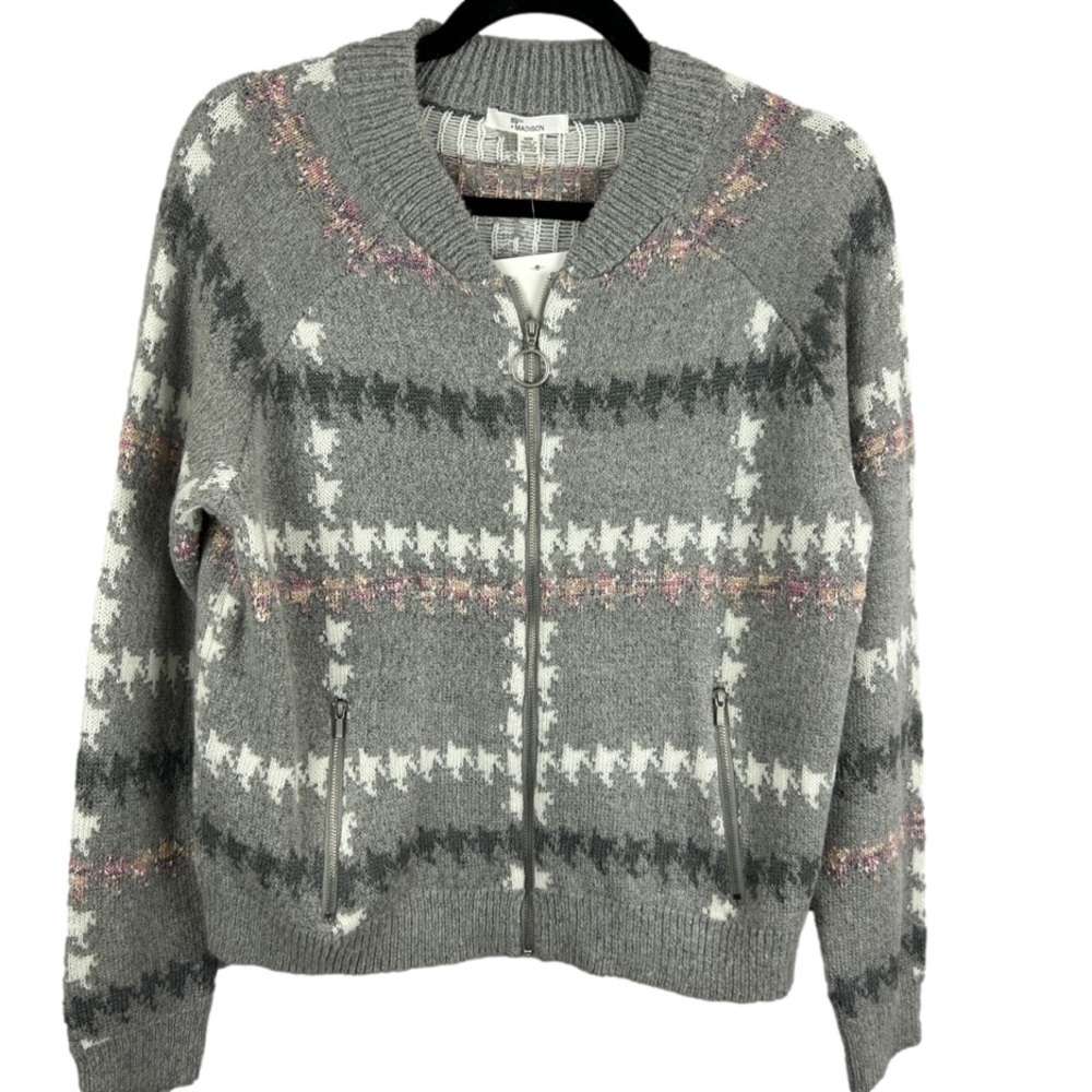 89th + Madison Sweater Jacket NWT Gray Fair Isle Zip Up Knit Cardigan Pockets M